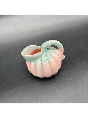 Vintage Miniature Pitcher 1950s Pink Green Drip Glaze Pumpkin Ball Mid Century